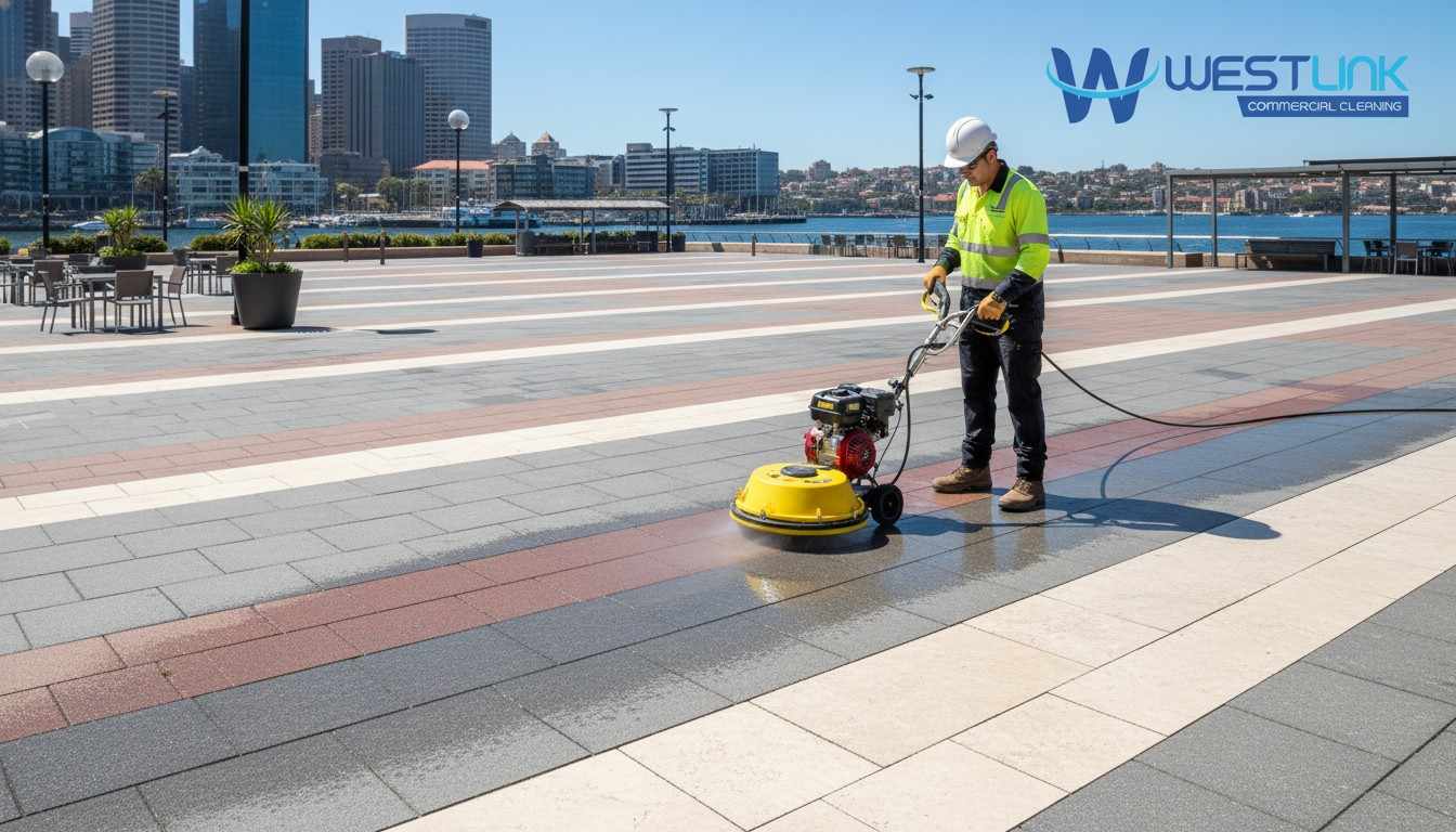 Worker using rotary surface cleaner on commercial pavers to keep joints intact.