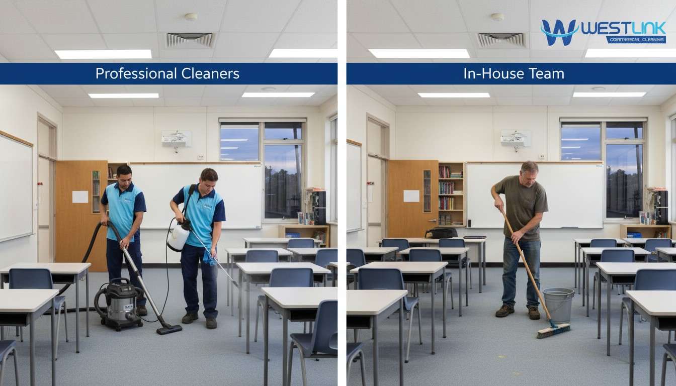 Split comparison: Professional cleaners vs in-house team performing school classroom cleaning tasks.