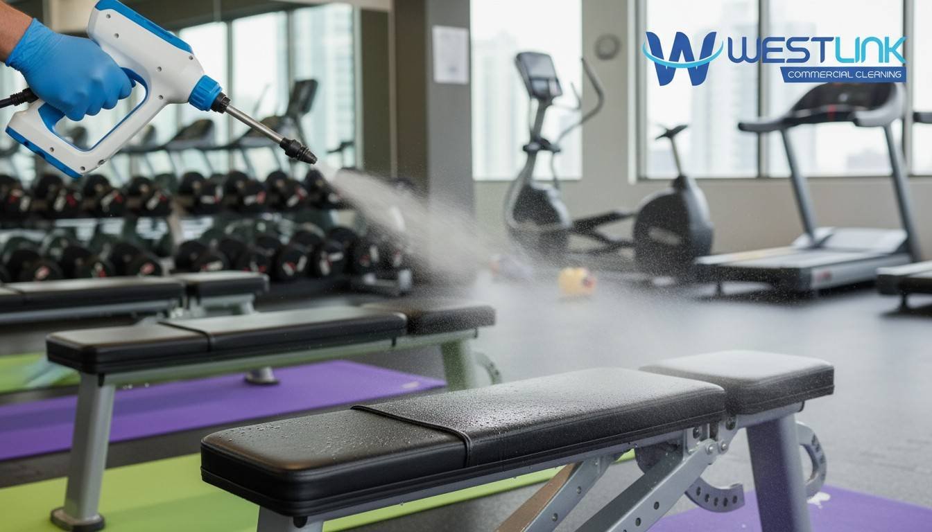 Electrostatic sprayer mist on gym bench.