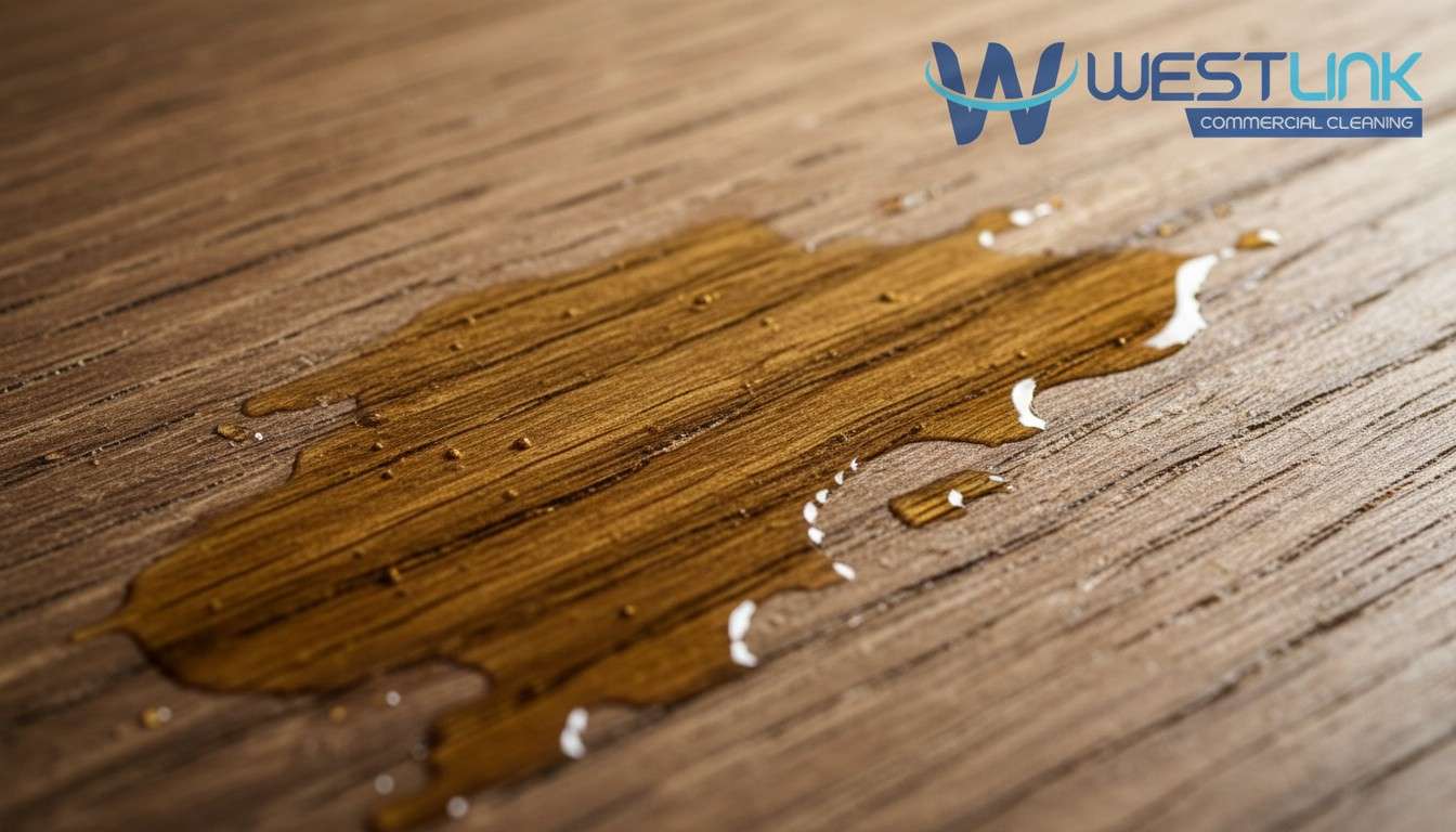 Oil absorbing into the grain and pores of a timber floorboard.