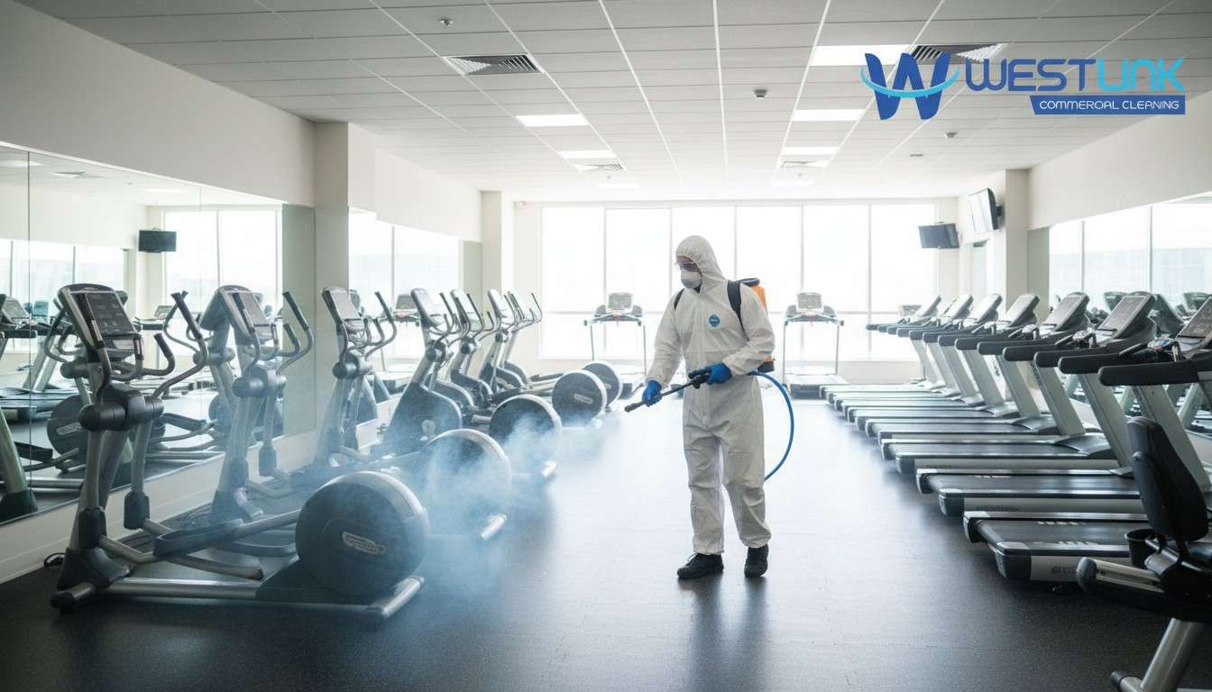 Backpack sprayer disinfecting treadmills in gym.