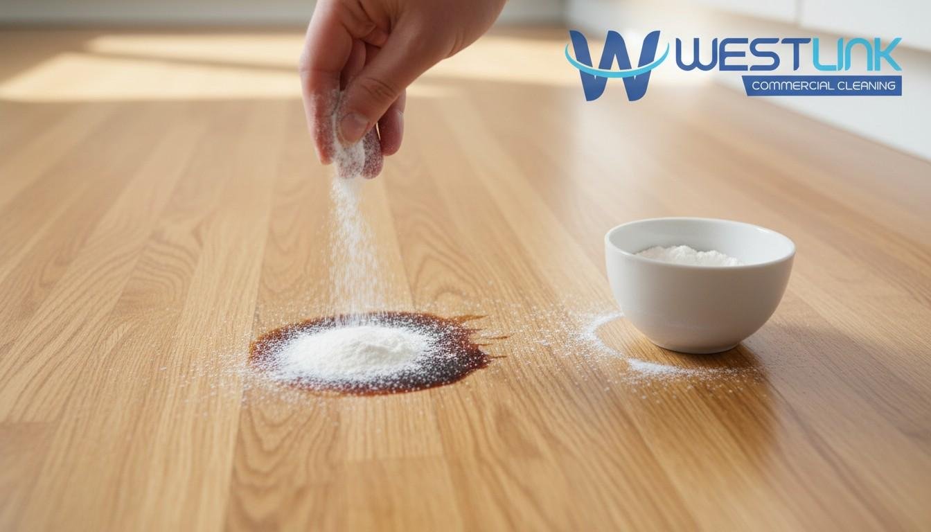 Baking soda being sprinkled over an oil stain on a timber floor.