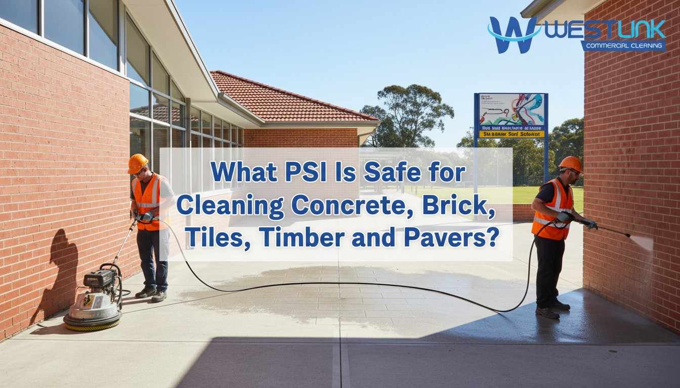 Pressure cleaning crew working on school concrete and brick surfaces.