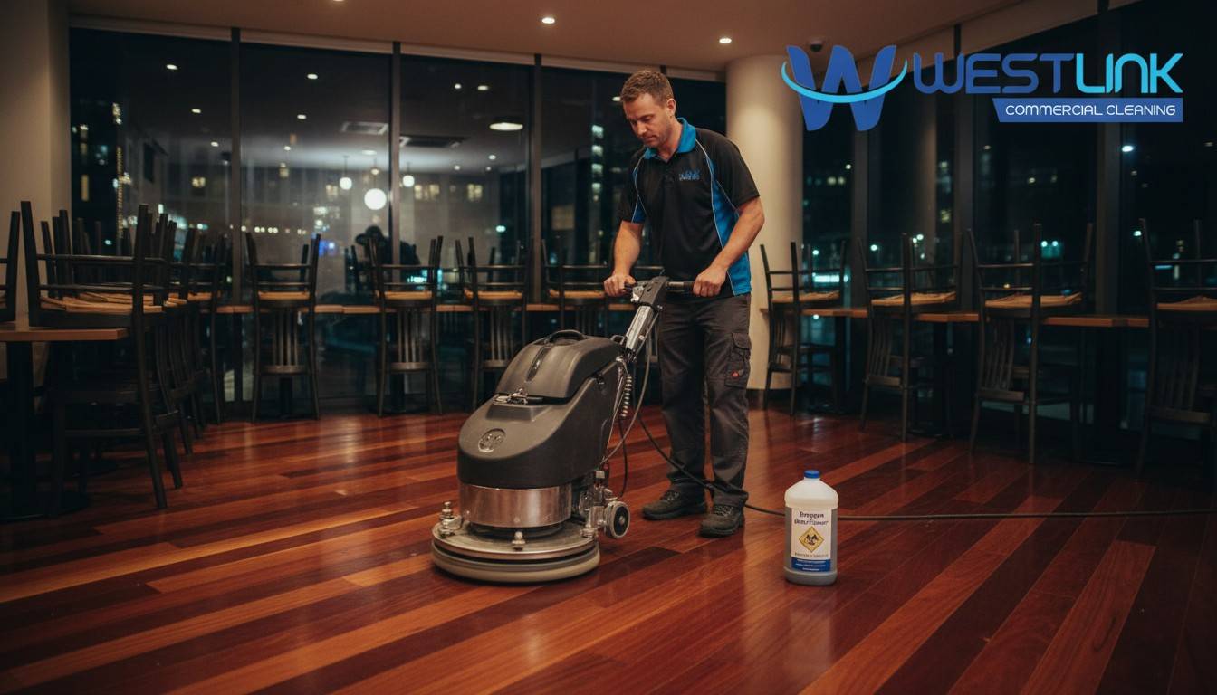 Professional cleaner buffing a jarrah timber floor in a Sydney restaurant after service.
