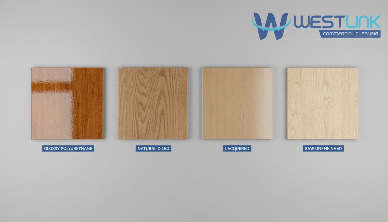 Four timber floor finish types compared side by side — sealed, oiled, lacquered and raw.