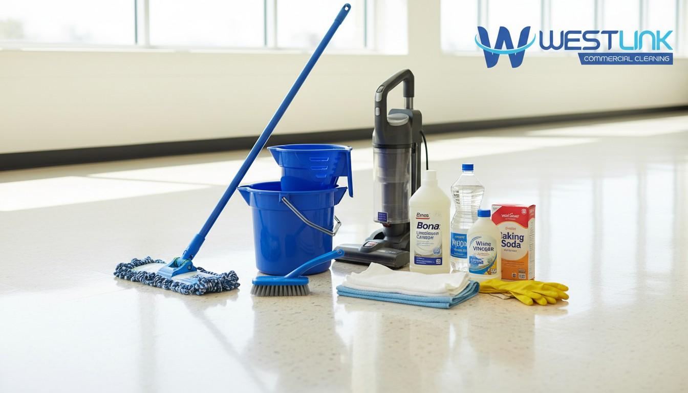 Essential tools and products for cleaning linoleum floors, including mop, bucket, gentle cleaner, brush, and vacuum.