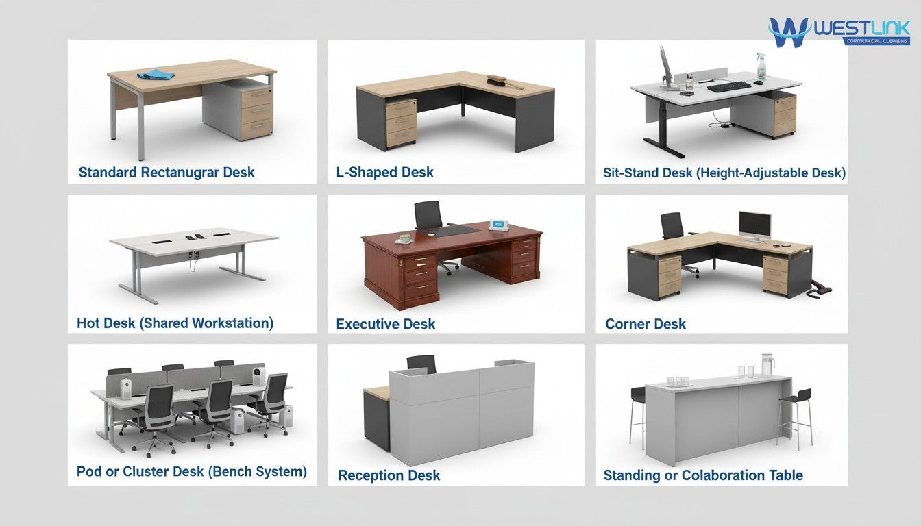 Collage showing nine common types of office desks in Sydney: Standard Rectangular, L-Shaped, Sit-Stand, Hot Desk, Executive, Corner, Pod/Cluster, Reception, and Standing/Collaboration Table.