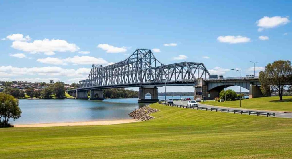 Iconic Tom Uglys Bridge spanning Georges River at sunset, with clean waterfront surroundings, calm water, and native trees in Sylvania, Sydney