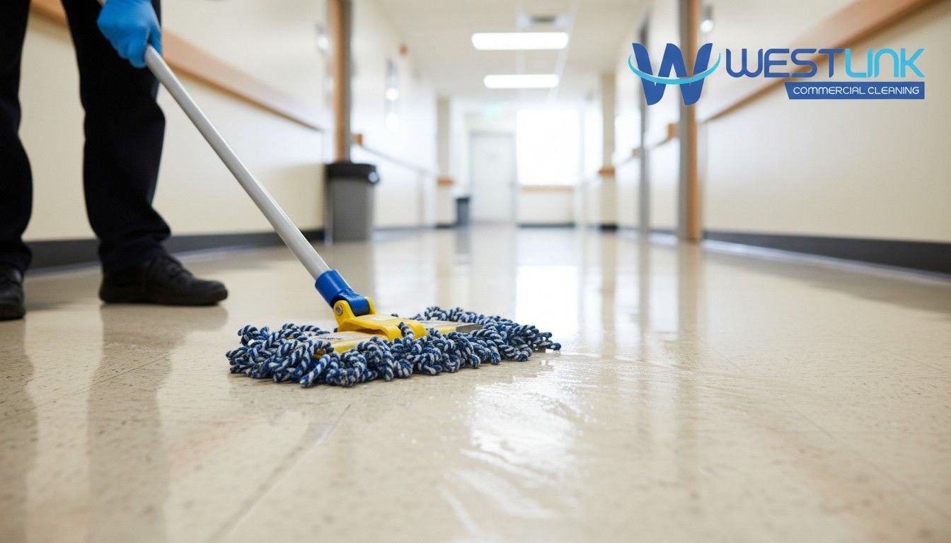 Zoom close-up shot of professional cleaner using mop on shiny linoleum floor, detailed view of cleaning action.