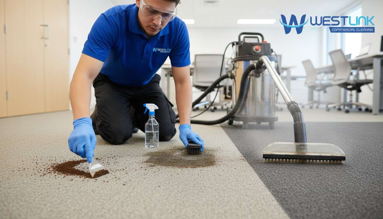 A carpet cleaning technician in protective gloves using a plastic scraper to lift waste from a loop pile carpet at a shallow angle, with a hot water extraction machine visible in the background.