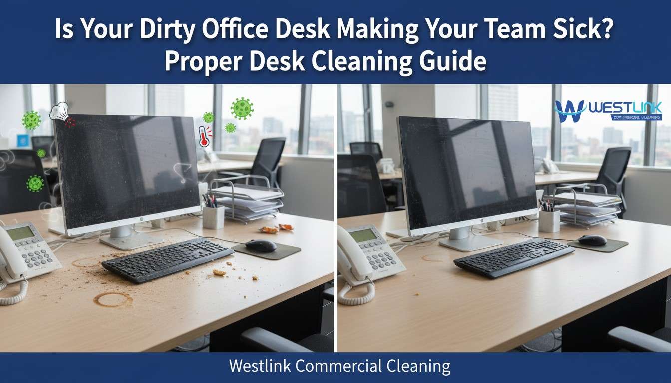 Before-and-after comparison: dirty cluttered office desk vs. professionally cleaned hygienic workstation.