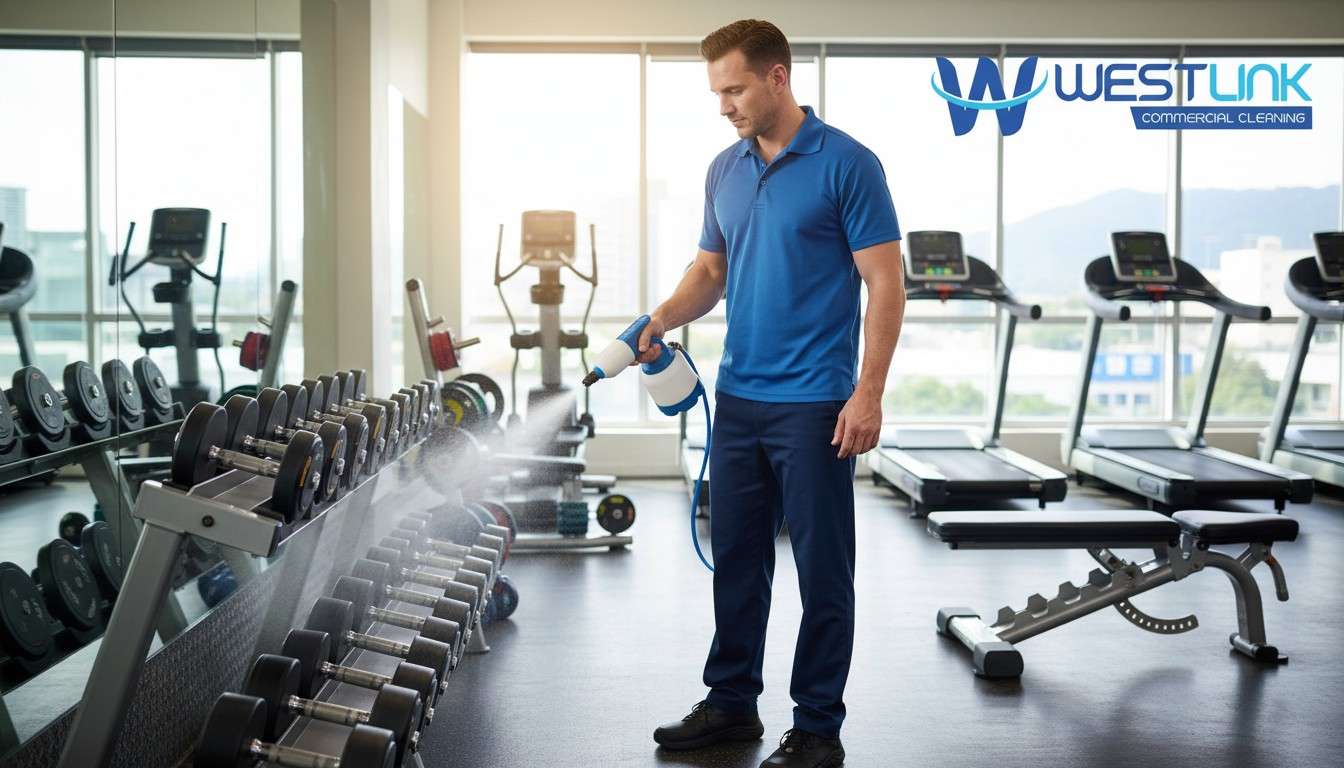 Cleaner spraying gym dumbbells with electrostatic tool