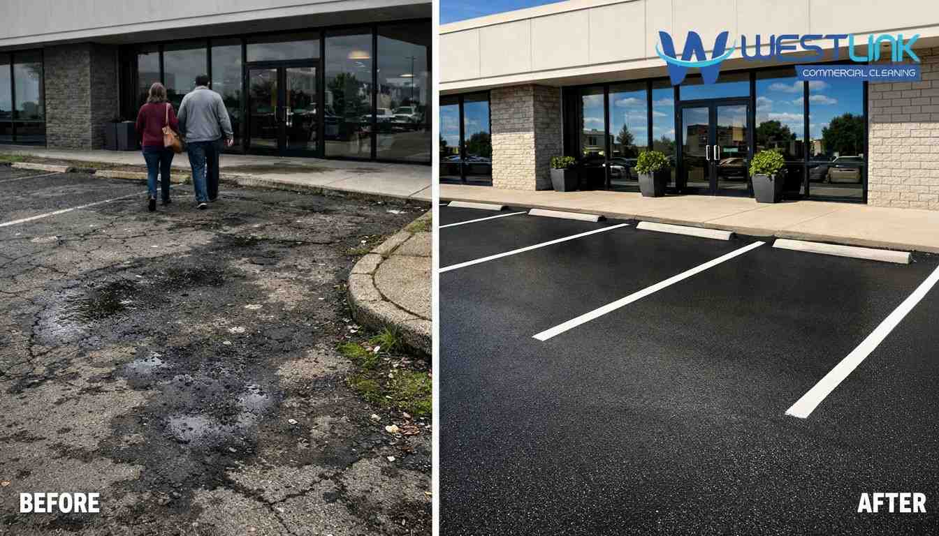 Dirty vs clean commercial driveway: stained and neglected on left, professional and spotless on right.