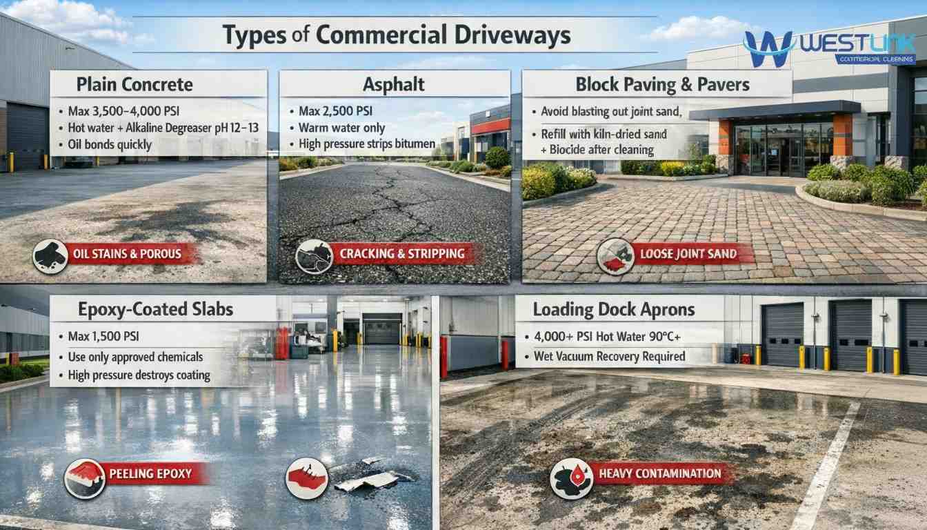 Infographic of 5 commercial driveway types with safe pressure levels and risks.