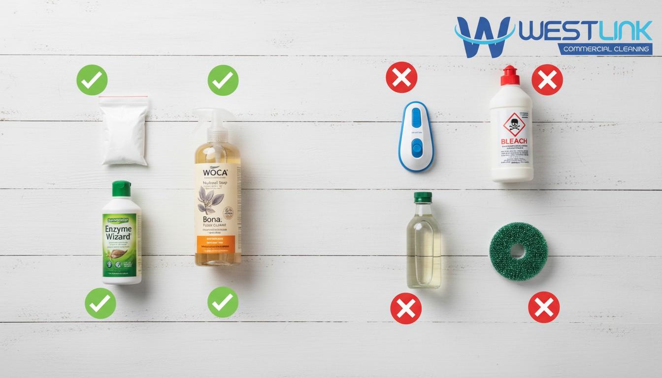 Approved and prohibited cleaning products for timber floors shown side by side.
