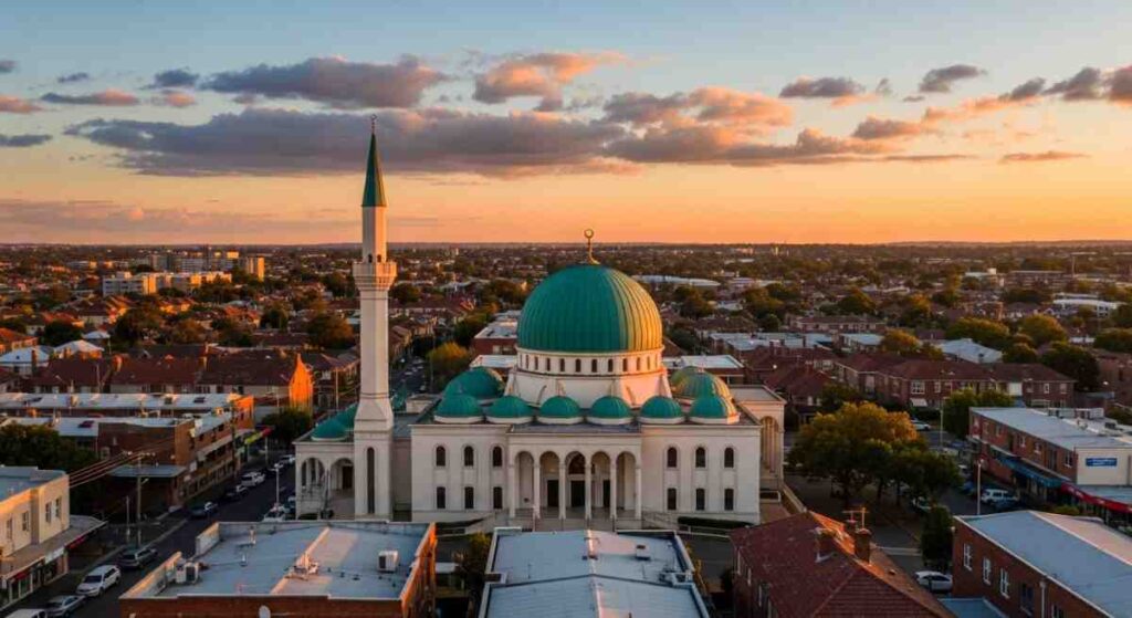 Aerial view of Lakemba Mosque at golden sunset with teal dome glowing, minaret silhouetted against orange-pink sky over suburban rooftops and streets