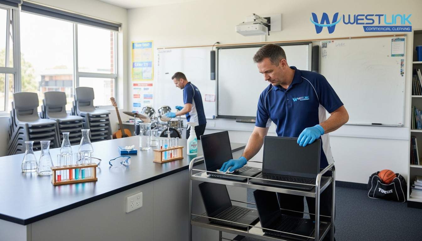 Professional cleaner disinfecting shared laptops and high-touch surfaces in a high school classroom and adjacent science lab area.