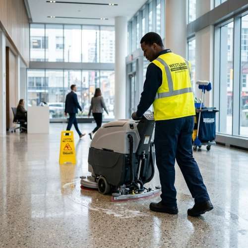 Westlink Commercial Cleaning staff member using a floor scrubber to clean a polished commercial floor in a modern office lobby