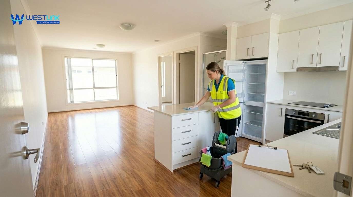 Professional cleaners performing deep cleaning in an empty rental property, including floors, windows, and kitchen areas