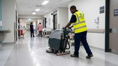 Westlink Commercial Cleaning cleaning floors in a medical corridor