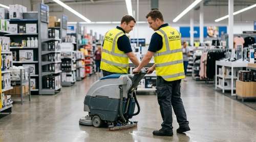 Westlink Commercial Cleaning machine-scrubbing floors in a retail store showroom
