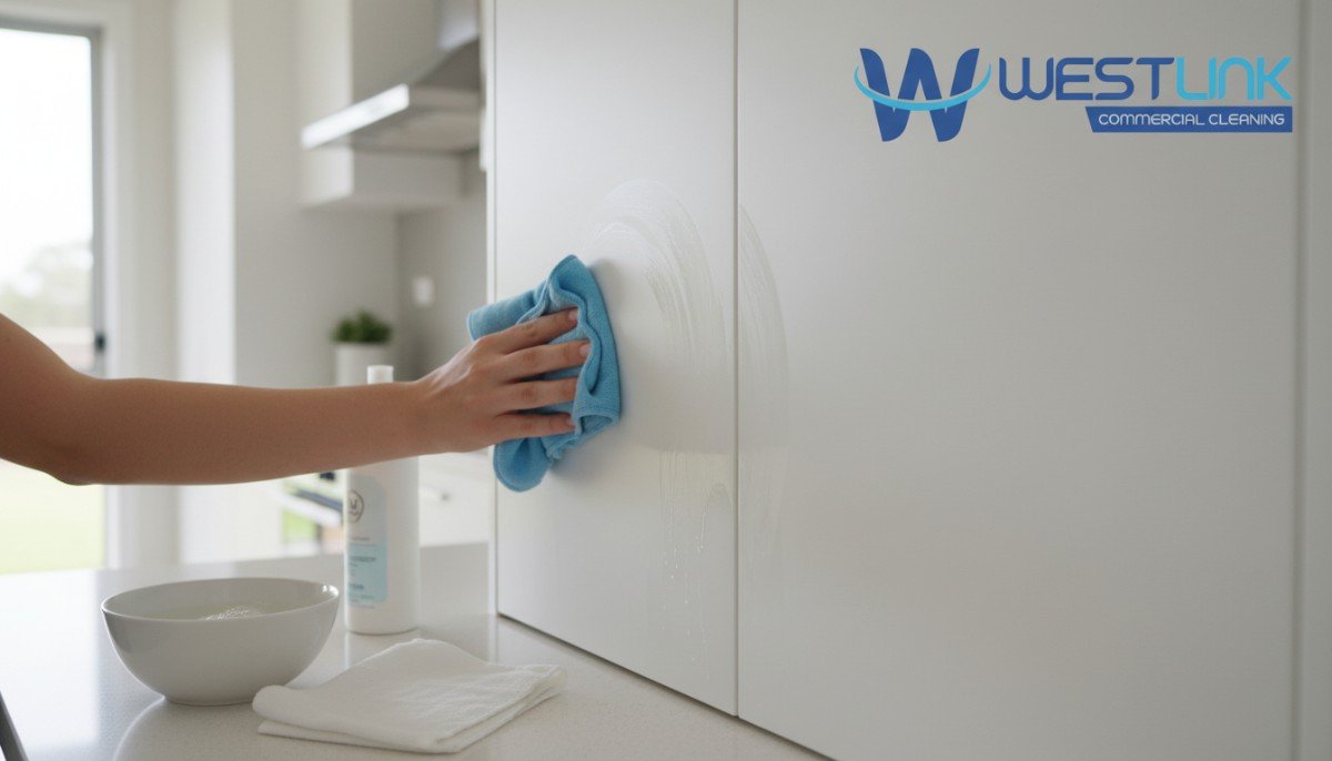 Gentle step-by-step cleaning of white 2PAC kitchen cupboards using a soft microfiber cloth and mild detergent in a bright modern kitchen.