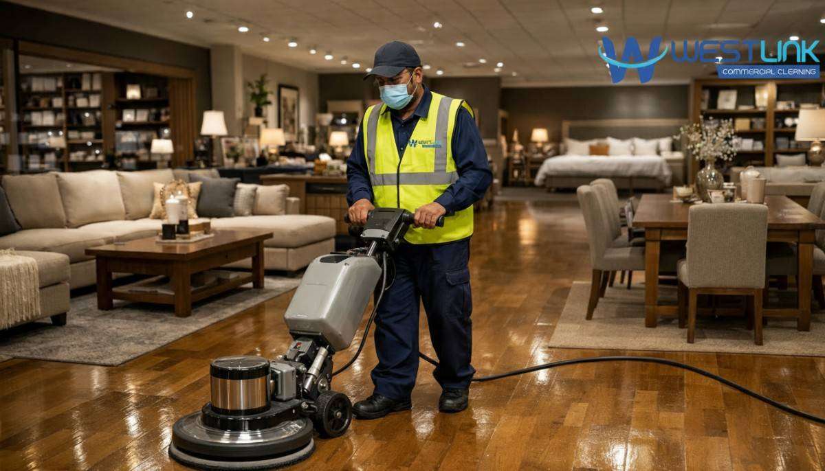 Professional after-hours cleaning of empty home goods retail store at night showing cleaner polishing floors