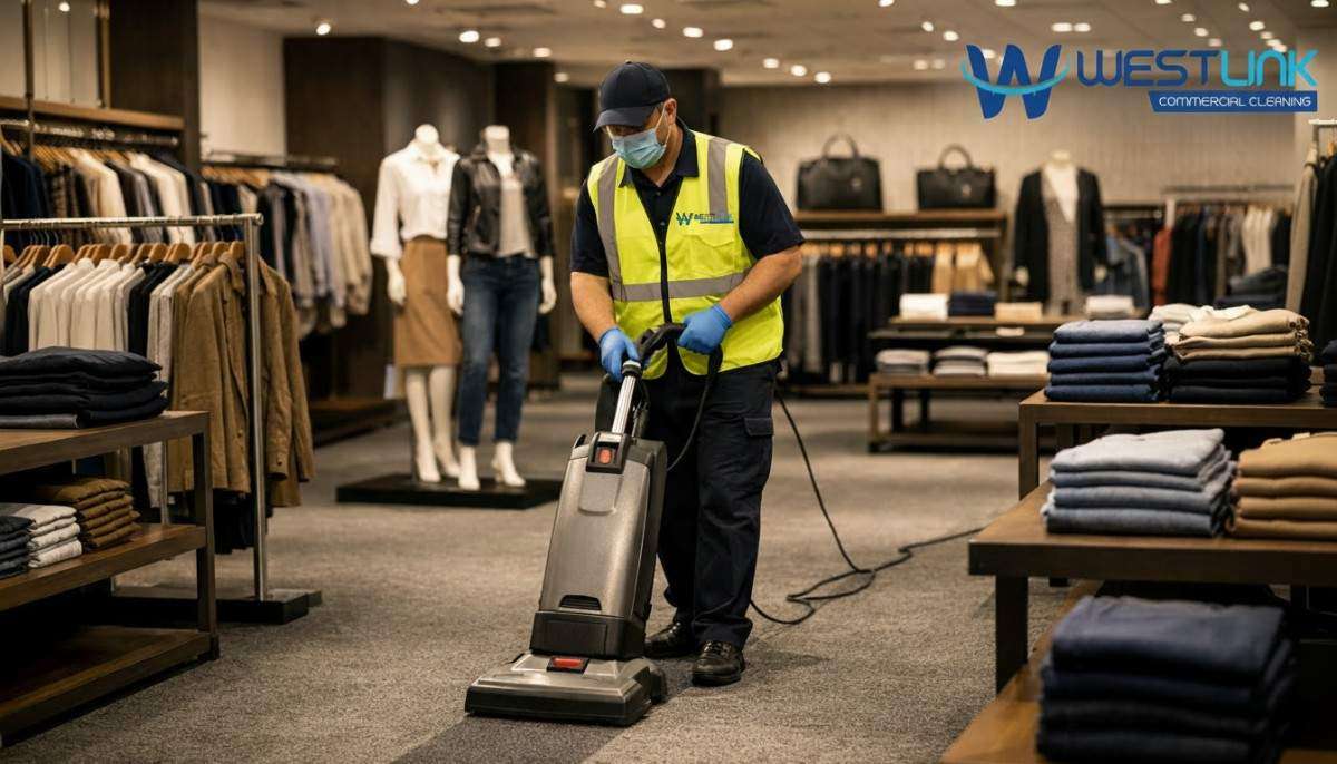 Professional after-hours cleaning of empty clothing retail store at night showing cleaner vacuuming carpeted floor