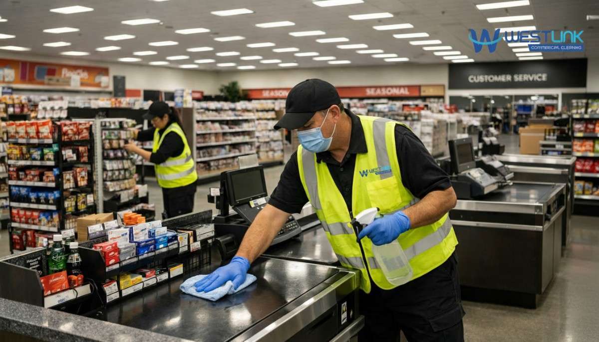 Professional after-hours cleaning of empty general merchandise retail store at night showing cleaners wiping checkout counters
