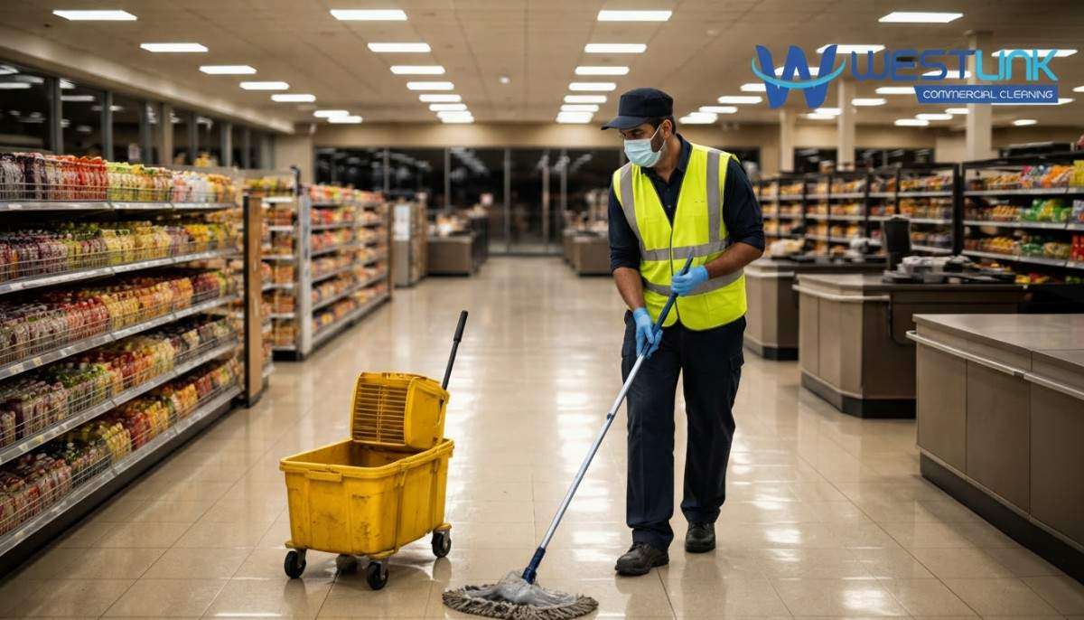 Professional after-hours cleaning of empty supermarket retail store at night showing cleaner mopping