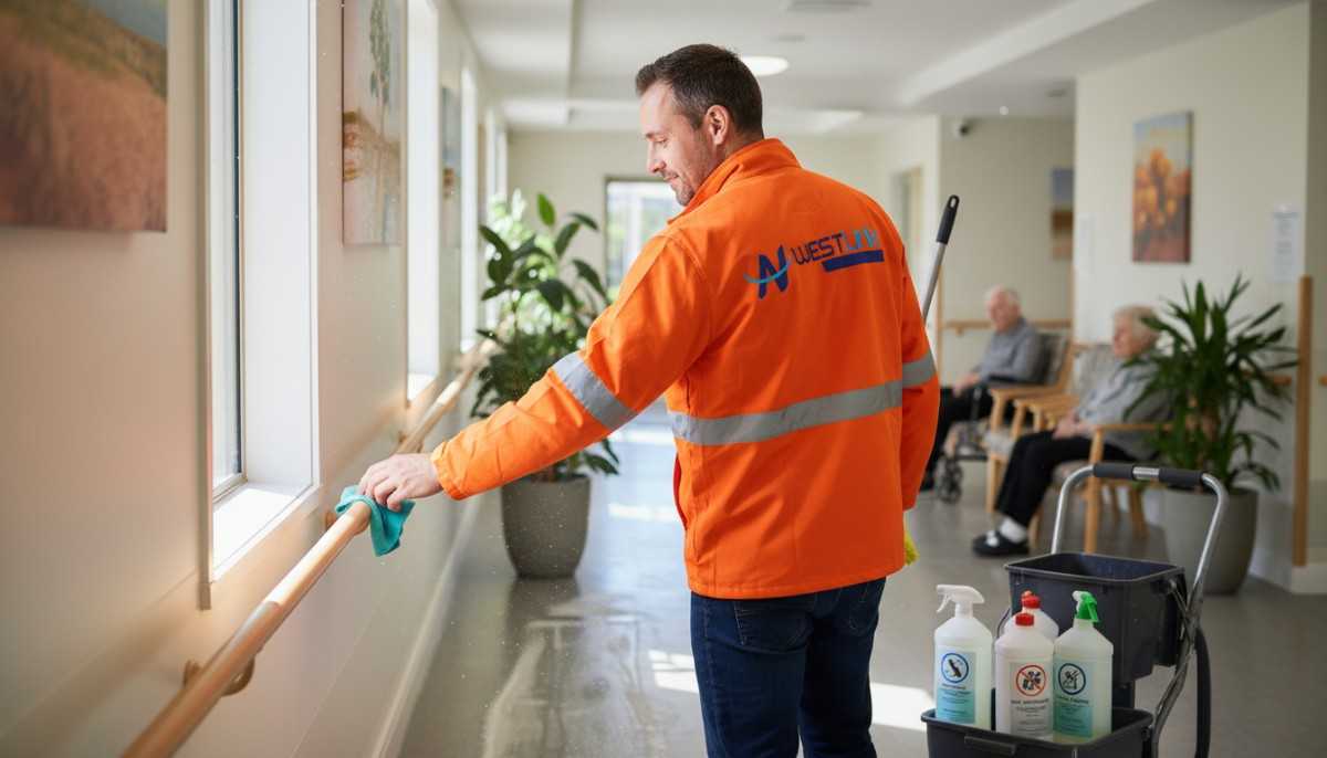 Westlink Commercial Cleaning cleaner disinfecting handrails inside an aged care and NDIS facility in Southern Sydney