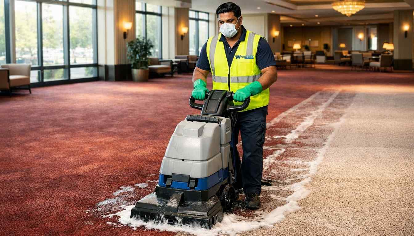 A Westlink Commercial cleaner in a bright yellow vest, mask, and gloves operating an industrial machine on a broadloom roll carpet in a hotel lobby.
