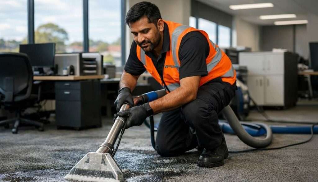Westlink Commercial Cleaner in orange vest cleaning office carpet in North West Sydney