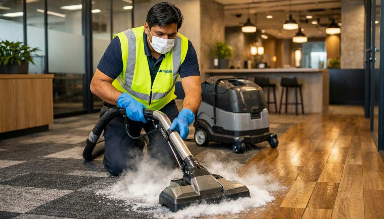 A cleaner in a bright yellow vest, mask, and gloves cleaning carpet tiles and plank flooring.
