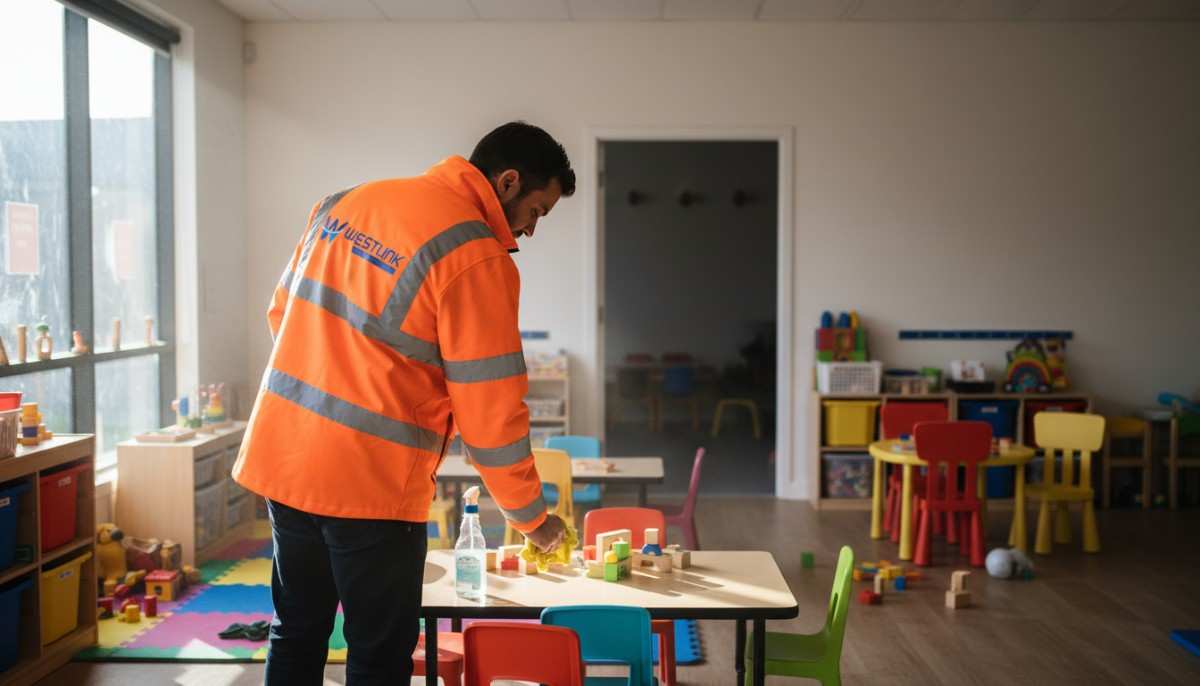 Westlink Commercial Cleaning staff member sanitising tables inside a childcare and early learning centre in Southern Sydney