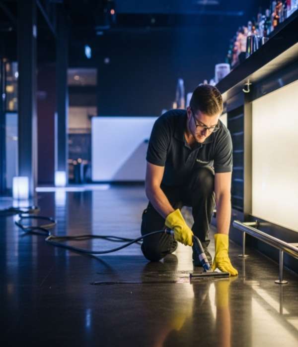 Cleaner removing sticky floor residue in a Sydney club bar area to improve safety and presentation