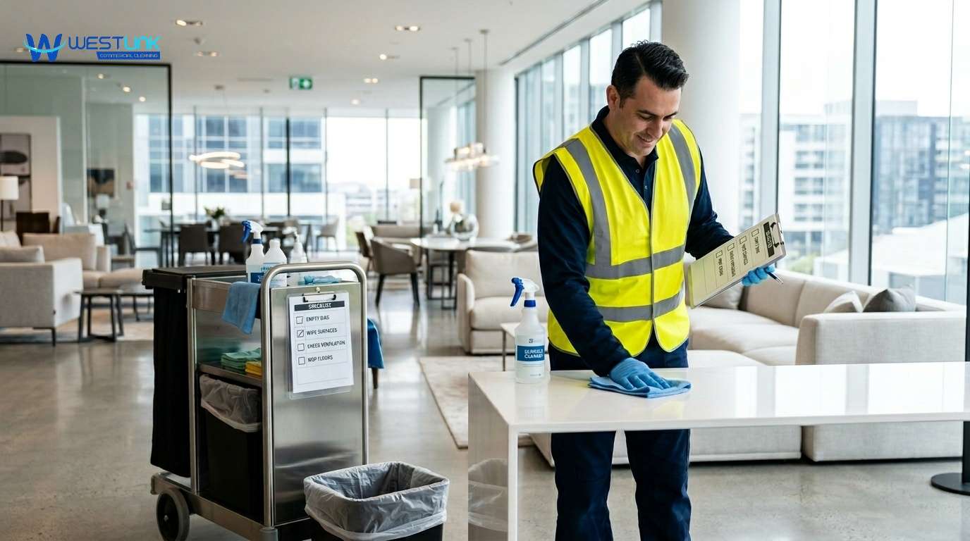 Cleaning staff following a daily checklist to maintain a fresh-smelling showroom, including trash removal, surface cleaning, and ventilation