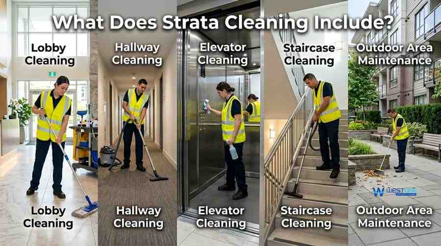 Strata cleaning services covering shared areas like hallways, lobbies, elevators, staircases, and outdoor spaces in a residential building
