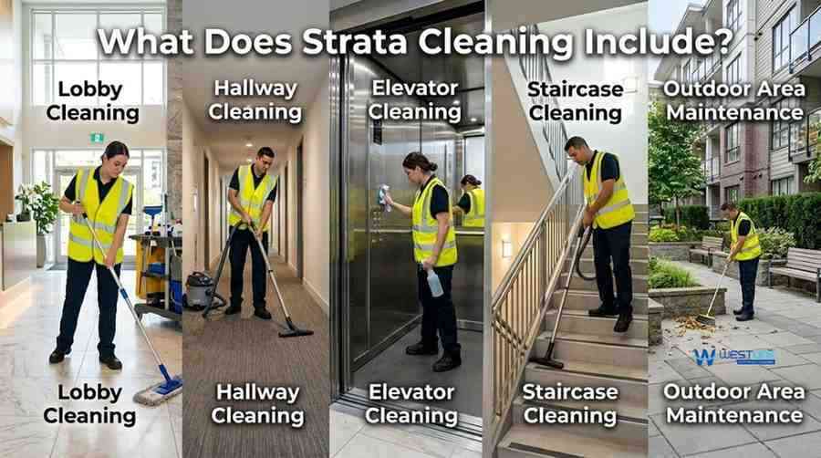 Residential and commercial properties requiring strata cleaning, including apartments, townhouses, mixed-use developments, and strata-managed commercial buildings