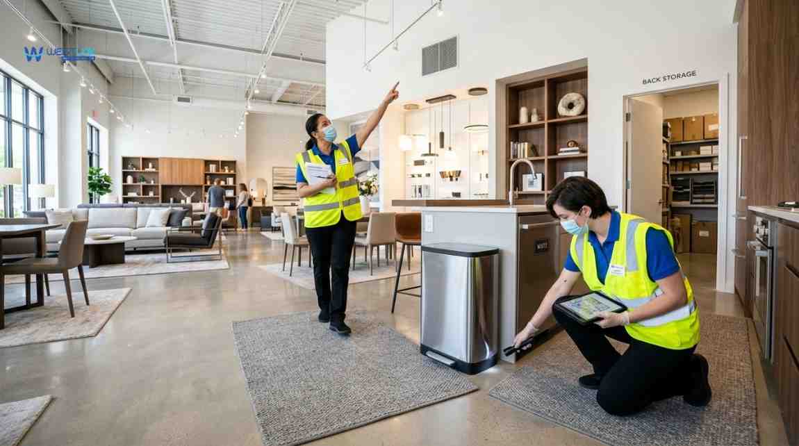 Common odor sources in a showroom including trash bins, HVAC vents, carpets, and storage areas being inspected by cleaning staff