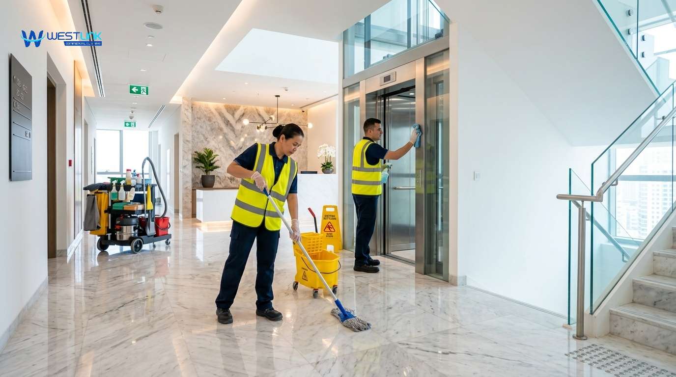 Professional cleaners maintaining shared residential building areas like hallways, elevators, and lobbies as part of strata cleaning
