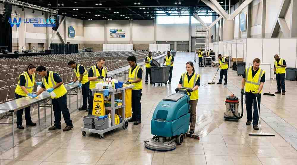 Professional cleaners following expert tips for efficient event cleaning, organizing tools and maintaining a spotless venue