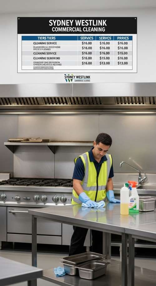 A Westlink Commercial Cleaning cleaner cleaning a commercial kitchen cleaning
