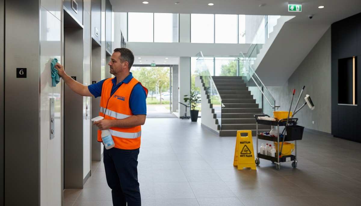 Westlink Commercial Cleaning staff member cleaning a lift area in a commercial strata building in Southern Sydney