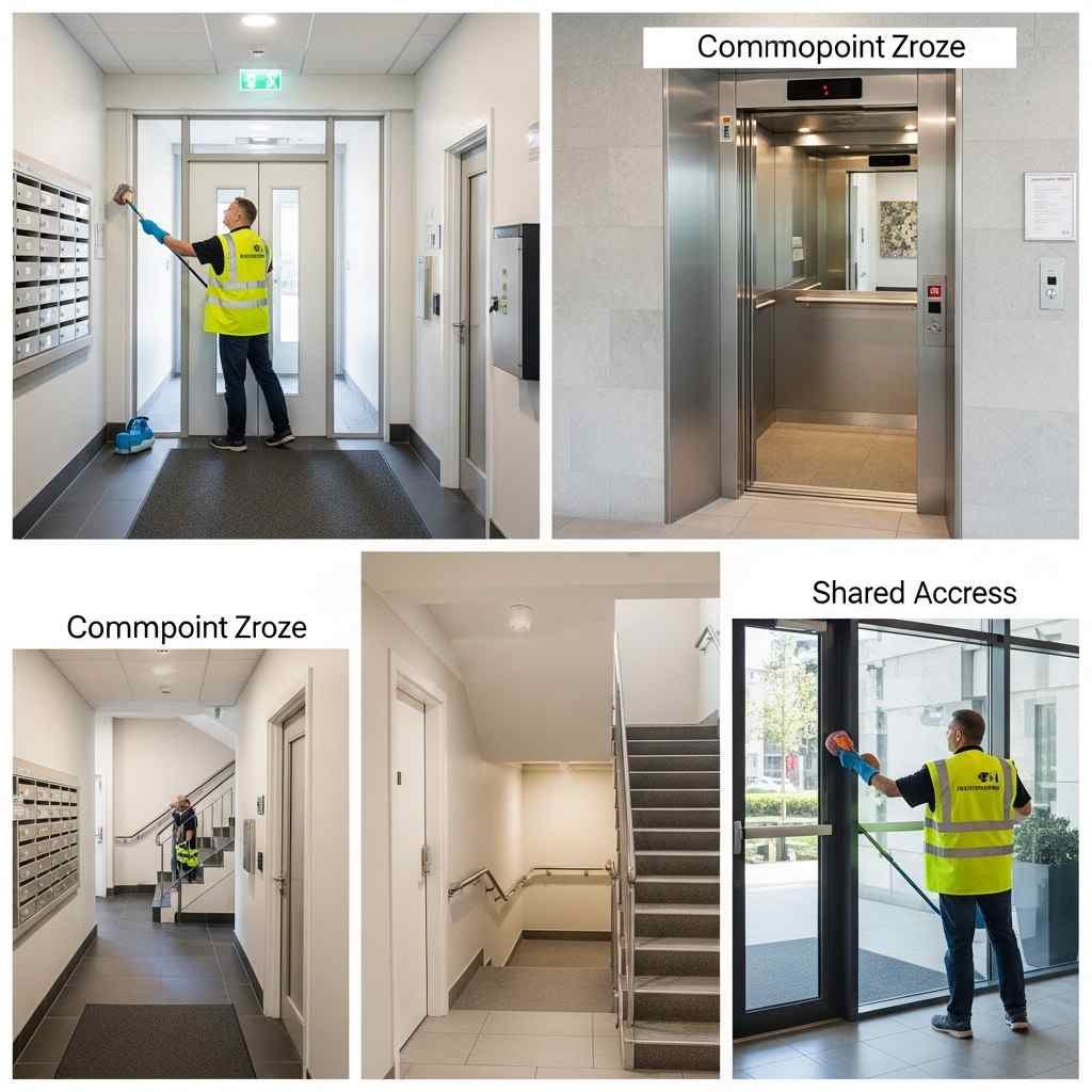 Professional cleaner maintaining multiple shared common property areas including foyer, lift, corridor, and entry glass in a modern strata building