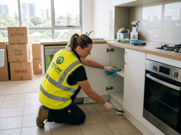 End of lease cleaner in Sydney wearing Westlink vest preparing rental for final inspection (1)