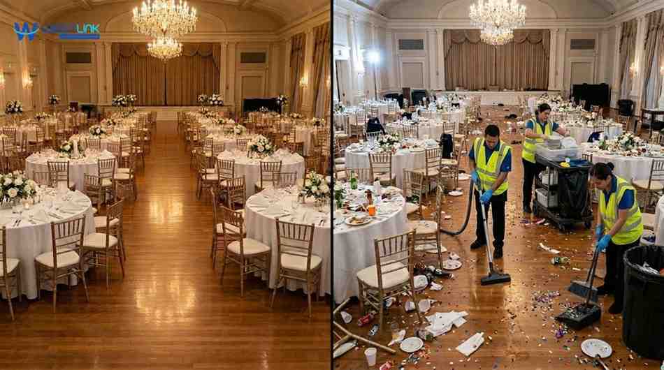 Split image showing a clean, organized event venue before an event and a messy venue after the event with cleaning staff working