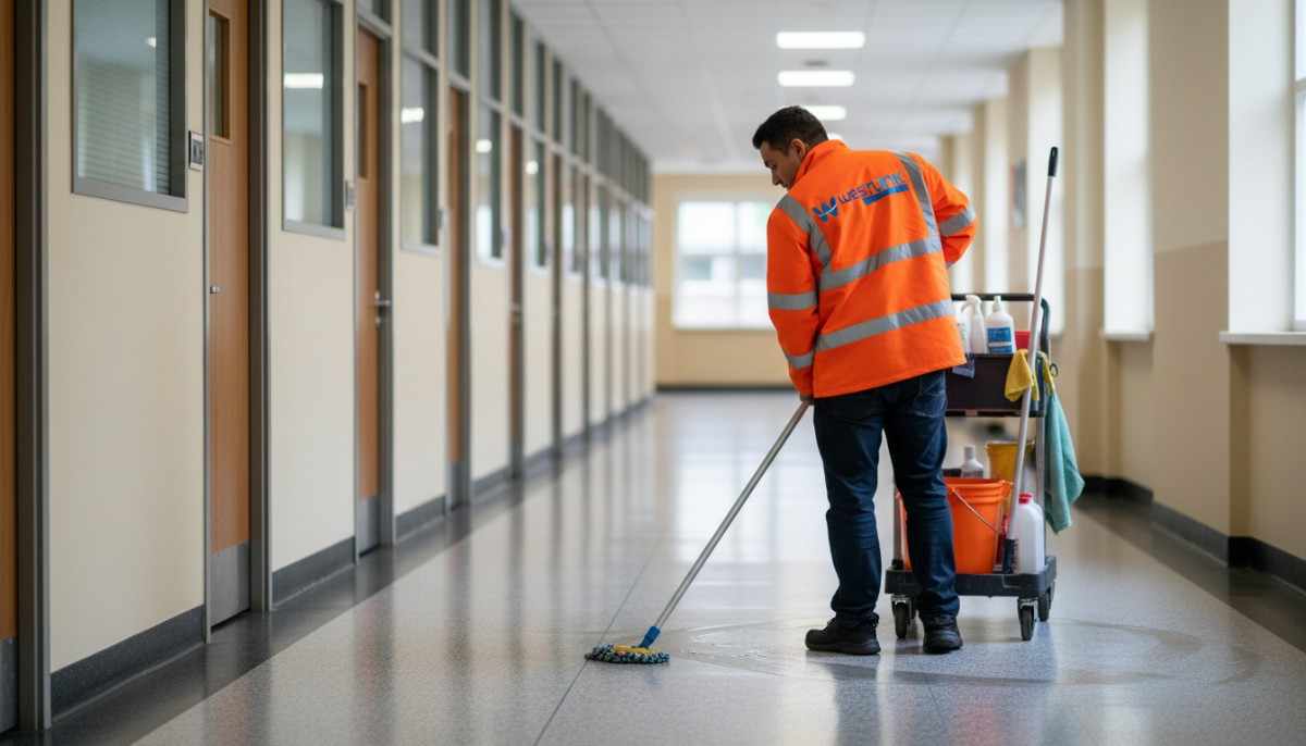 Westlink Commercial Cleaning staff member mopping a corridor inside a government building in Southern Sydney