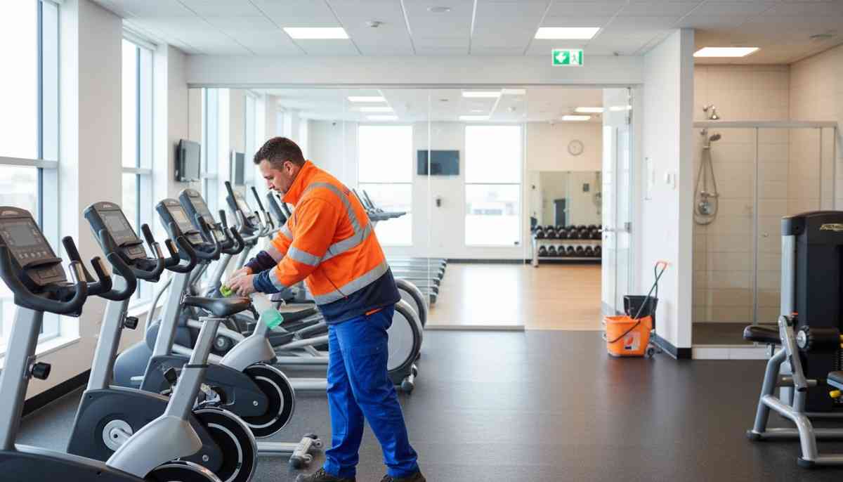 Westlink Commercial Cleaning team member cleaning cardio equipment inside a gym and fitness centre in Southern Sydney