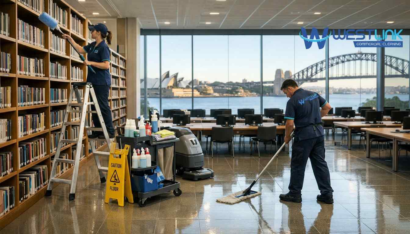Professional cleaners maintaining a clean university library with dusting and mopping